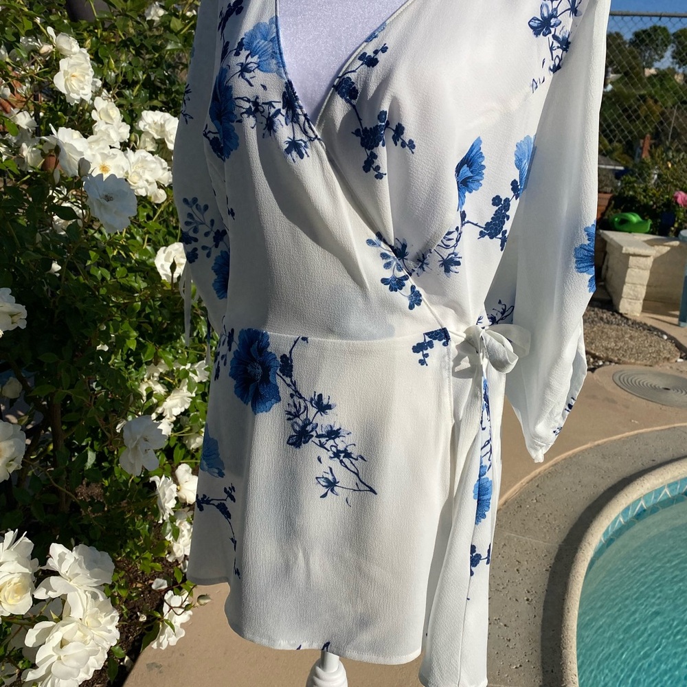 Floral Wrap Blouse with Blue Accents
